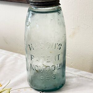Mason Aqua Blue Glass Mason Jar with Embossed Patent Date